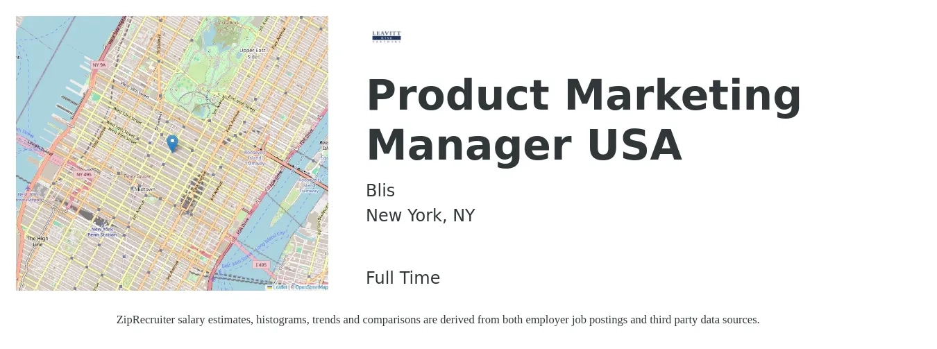 Blis job posting for a Product Marketing Manager USA in New York, NY with a salary of $169,600 Yearly with a map of New York location.