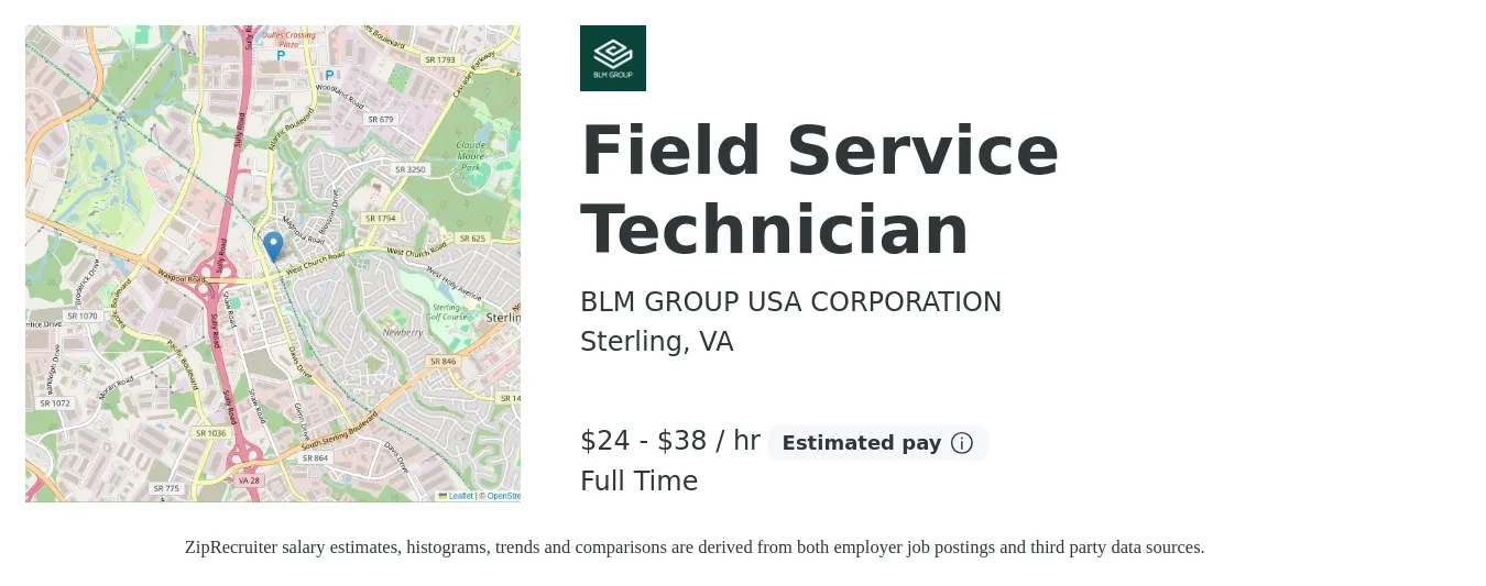 BLM GROUP USA CORPORATION job posting for a Field Service Technician in Sterling, VA with a salary of $25 to $40 Hourly with a map of Sterling location.
