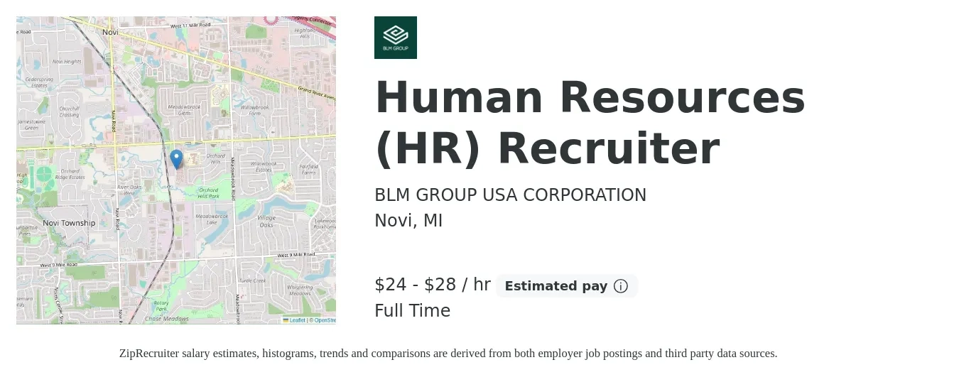 BLM GROUP USA CORPORATION job posting for a Human Resources (HR) Recruiter in Novi, MI with a salary of $25 to $30 Hourly with a map of Novi location.