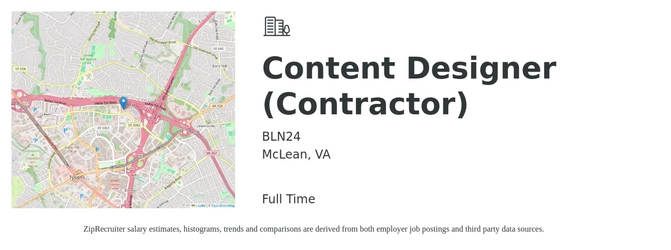 BLN24 job posting for a Content Designer (Contractor) in McLean, VA with a salary of $42 to $81 Hourly with a map of McLean location.