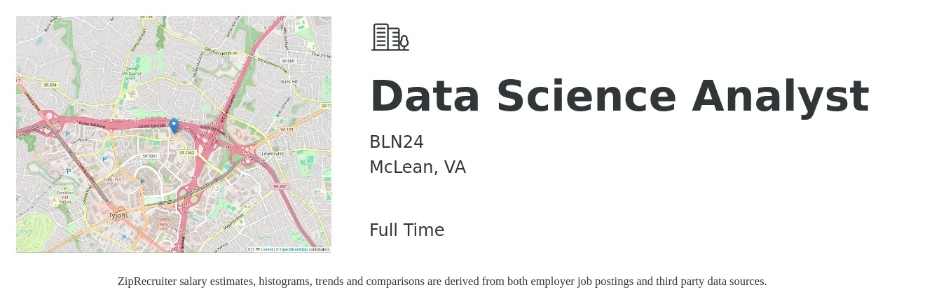 BLN24 job posting for a Data Science Analyst in McLean, VA with a salary of $63,200 to $98,100 Yearly with a map of McLean location.