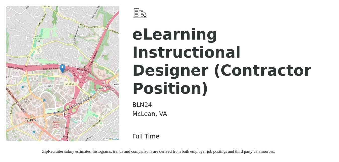 BLN24 job posting for a eLearning Instructional Designer (Contractor Position) in McLean, VA with a salary of $65,700 to $89,000 Yearly with a map of McLean location.