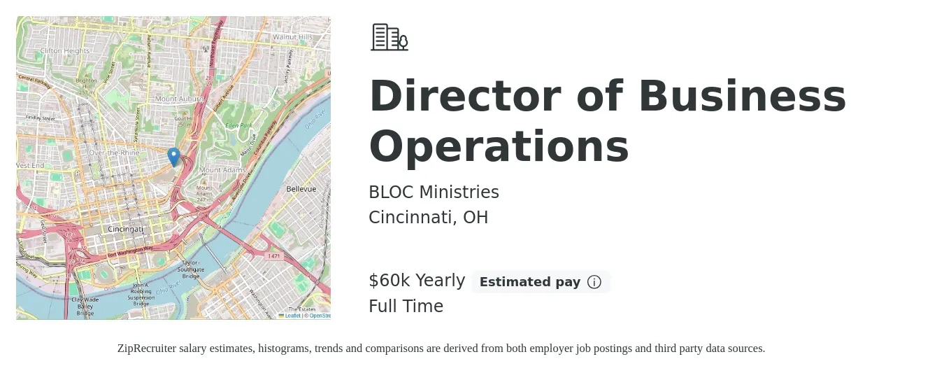 BLOC Ministries job posting for a Director of Business Operations in Cincinnati, OH with a salary of $60,000 Yearly with a map of Cincinnati location.