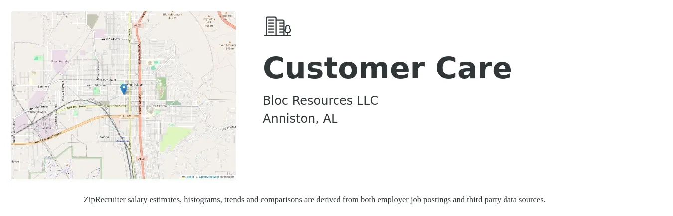Bloc Resources LLC job posting for a Customer Care in Anniston, AL with a salary of $14 to $19 Hourly with a map of Anniston location.