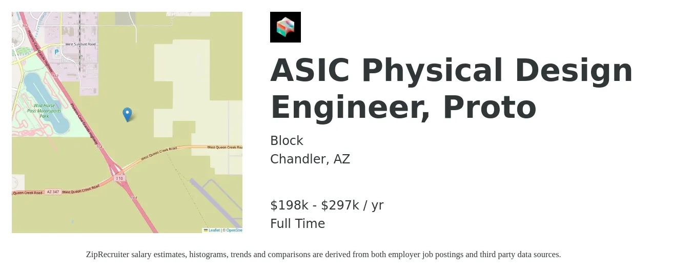 Block job posting for a ASIC Physical Design Engineer, Proto in Chandler, AZ with a salary of $198,000 to $297,000 Yearly with a map of Chandler location.