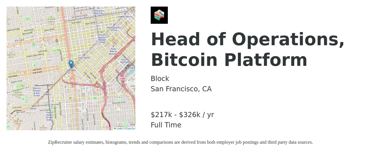 Block job posting for a Head of Operations, Bitcoin Platform in San Francisco, CA with a salary of $217,800 to $326,800 Yearly with a map of San Francisco location.