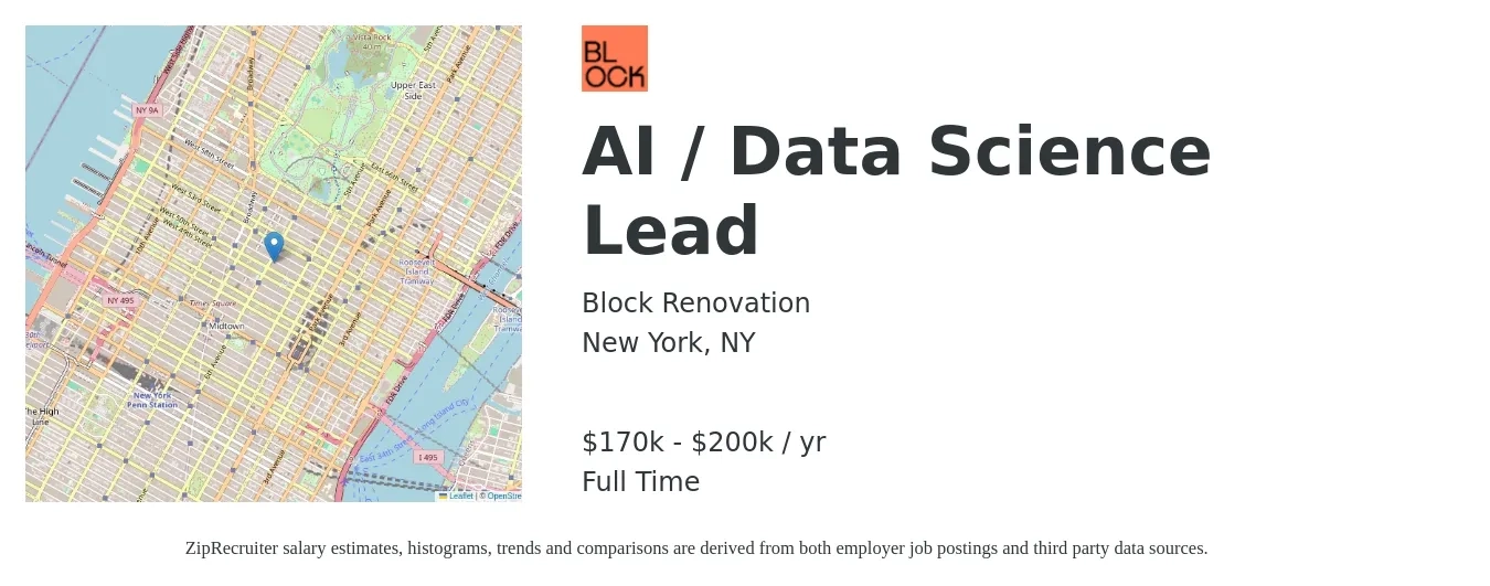Block Renovation job posting for a AI / Data Science Lead in New York, NY with a salary of $170,000 to $200,000 Yearly with a map of New York location.