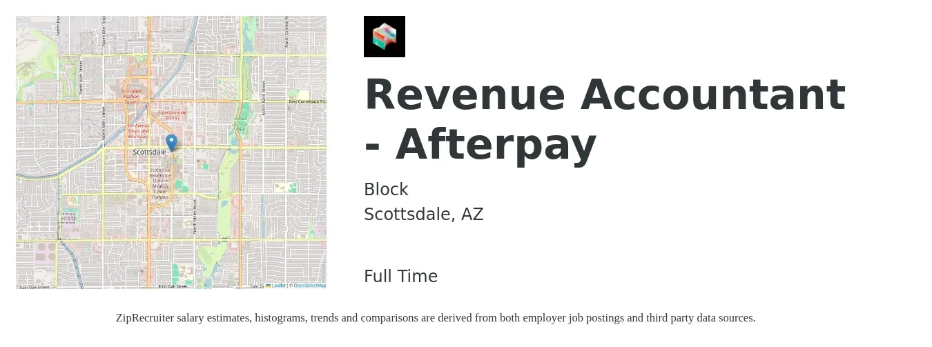 Block job posting for a Revenue Accountant - Afterpay in Scottsdale, AZ with a salary of $88,100 to $132,100 Yearly with a map of Scottsdale location.