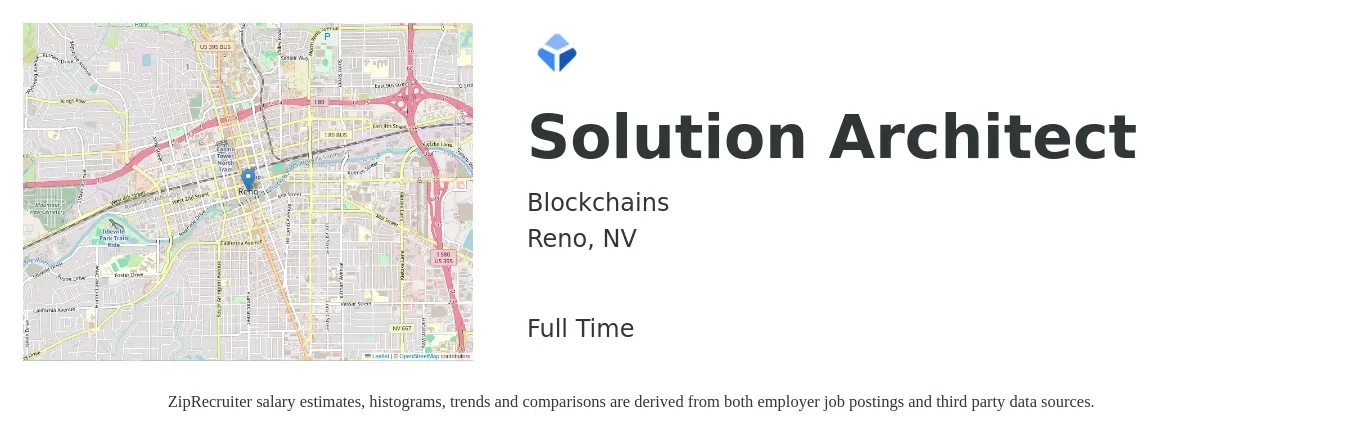 Blockchains job posting for a Solution Architect in Reno, NV with a salary of $63 to $83 Hourly with a map of Reno location.
