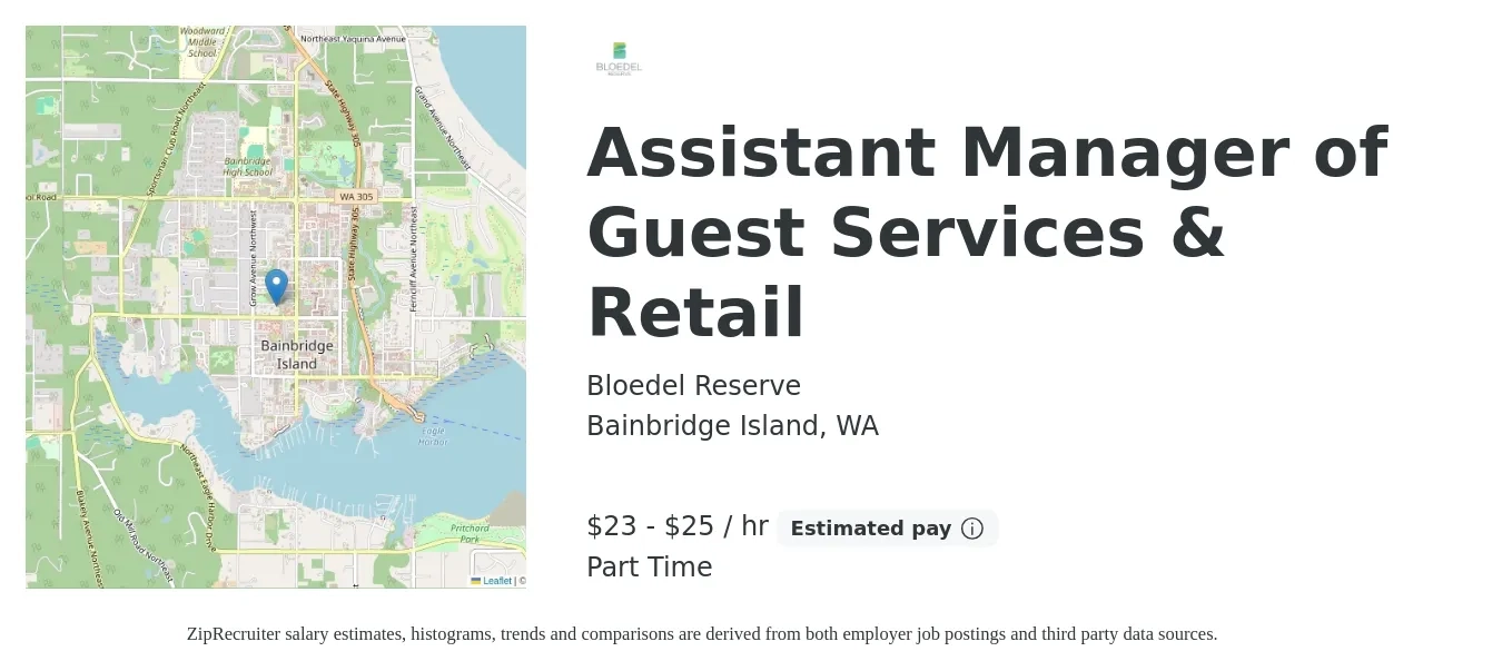 Bloedel Reserve job posting for a Assistant Manager of Guest Services & Retail in Bainbridge Island, WA with a salary of $24 to $26 Hourly with a map of Bainbridge Island location.