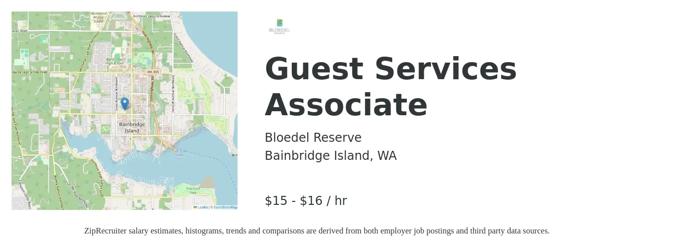 Bloedel Reserve job posting for a Guest Services Associate in Bainbridge Island, WA with a salary of $16 to $18 Hourly with a map of Bainbridge Island location.