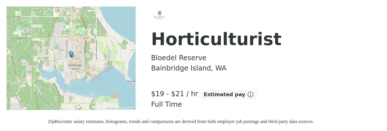 Bloedel Reserve job posting for a Horticulturist in Bainbridge Island, WA with a salary of $20 to $22 Hourly with a map of Bainbridge Island location.