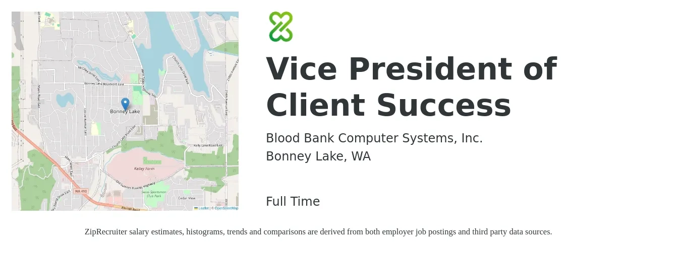 Blood Bank Computer Systems, Inc. job posting for a Vice President of Client Success in Bonney Lake, WA with a salary of $99,600 to $216,200 Yearly with a map of Bonney Lake location.
