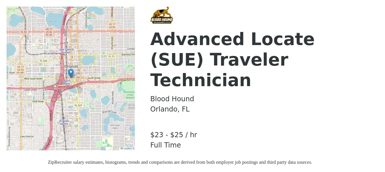 Blood Hound job posting for a Advanced Locate (SUE) Traveler Technician in Orlando, FL with a salary of $24 to $27 Hourly with a map of Orlando location.