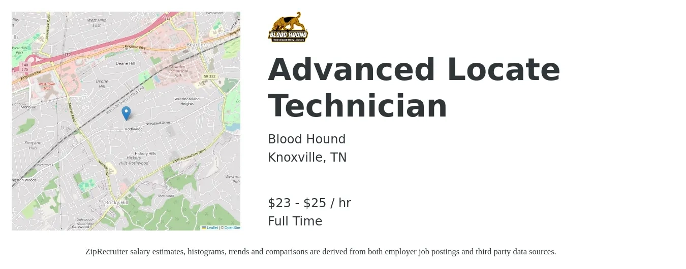 Blood Hound job posting for a Advanced Locate Technician in Knoxville, TN with a salary of $24 to $26 Hourly with a map of Knoxville location.