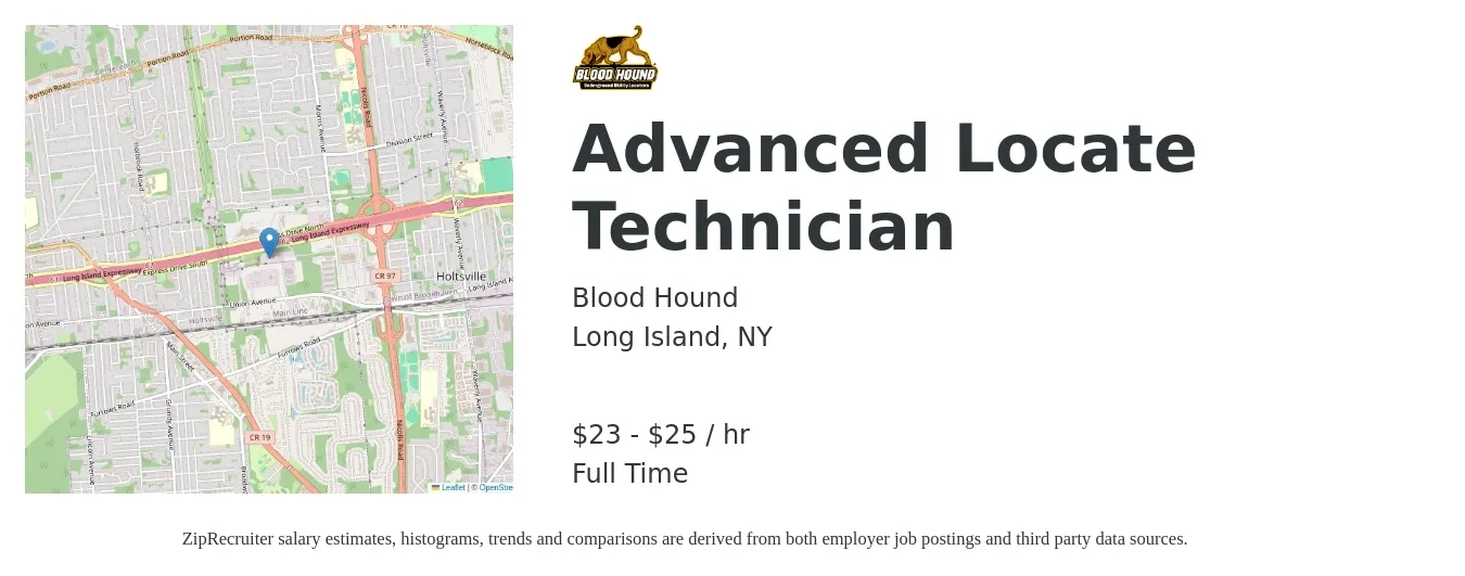 Blood Hound job posting for a Advanced Locate Technician in Long Island, NY with a salary of $24 to $26 Hourly with a map of Long Island location.