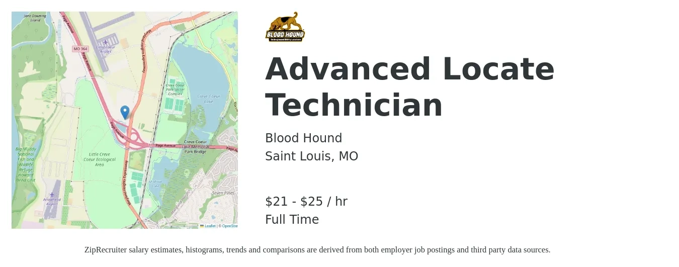 Blood Hound job posting for a Advanced Locate Technician in Saint Louis, MO with a salary of $22 to $26 Hourly with a map of Saint Louis location.