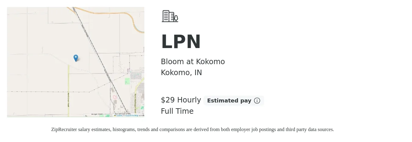 Bloom at Kokomo job posting for a LPN in Kokomo, IN with a salary of $31 Hourly with a map of Kokomo location.