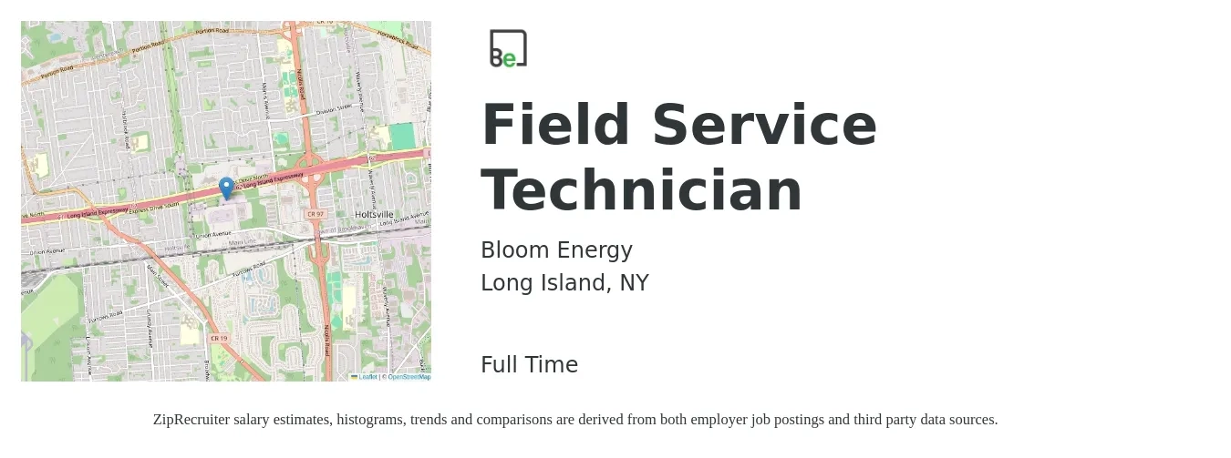 Bloom Energy job posting for a Field Service Technician in Long Island, NY with a salary of $32 to $34 Hourly with a map of Long Island location.