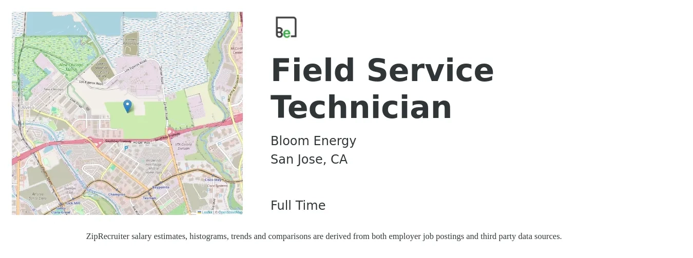 Bloom Energy job posting for a Field Service Technician in San Jose, CA with a salary of $36 to $38 Hourly with a map of San Jose location.