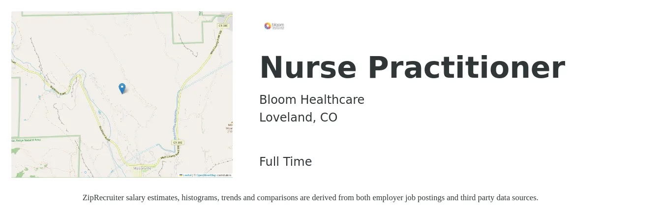 Bloom Healthcare job posting for a Nurse Practitioner in Loveland, CO with a salary of $90,000 to $115,000 Yearly with a map of Loveland location.