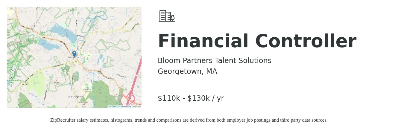 Bloom Partners Talent Solutions job posting for a Financial Controller in Georgetown, MA with a salary of $110,000 to $130,000 Yearly with a map of Georgetown location.
