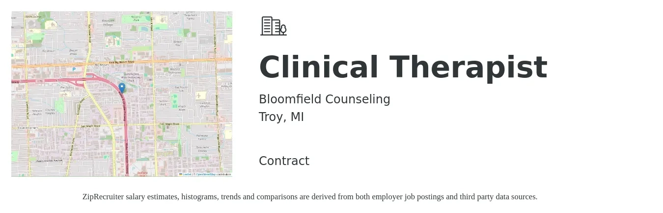 Bloomfield Counseling job posting for a Clinical Therapist in Troy, MI with a salary of $80,000 Yearly with a map of Troy location.