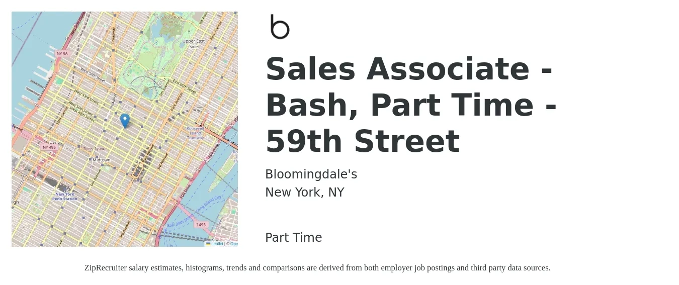 Bloomingdale's job posting for a Sales Associate - Bash, Part Time - 59th Street in New York, NY with a salary of $16 to $21 Hourly with a map of New York location.