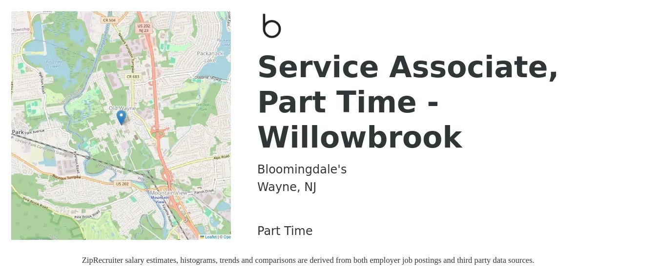 Bloomingdale's job posting for a Service Associate, Part Time - Willowbrook in Wayne, NJ with a salary of $16 to $21 Hourly with a map of Wayne location.