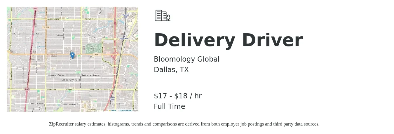 Bloomology Global job posting for a Delivery Driver in Dallas, TX with a salary of $18 to $20 Hourly with a map of Dallas location.