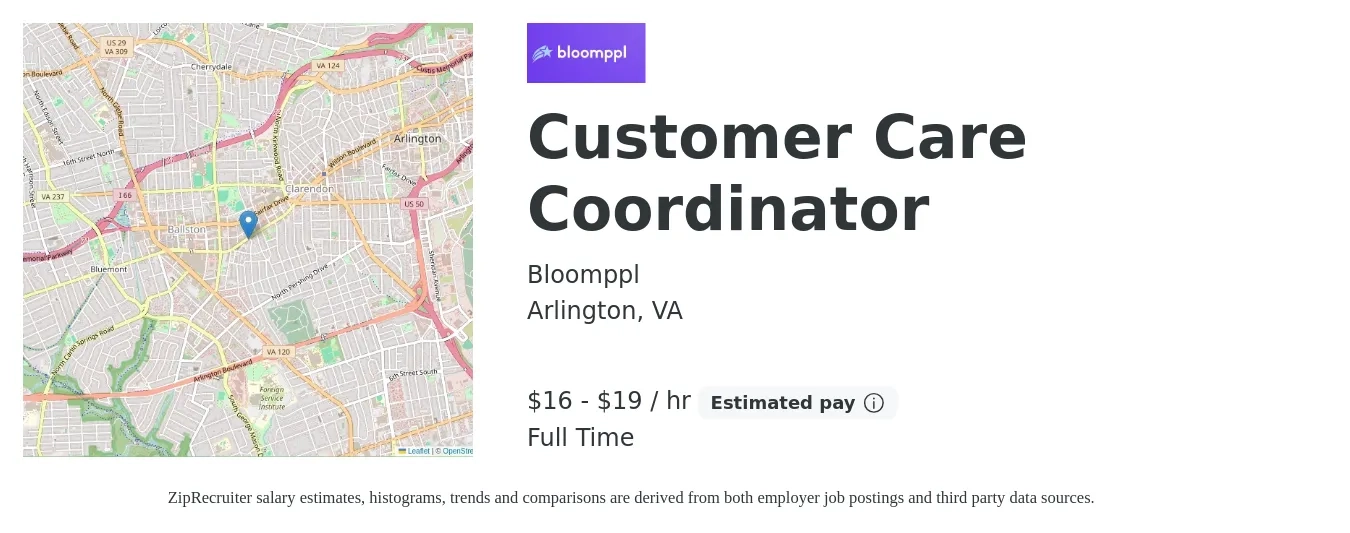 Bloomppl job posting for a Customer Care Coordinator in Arlington, VA with a salary of $17 to $20 Hourly with a map of Arlington location.