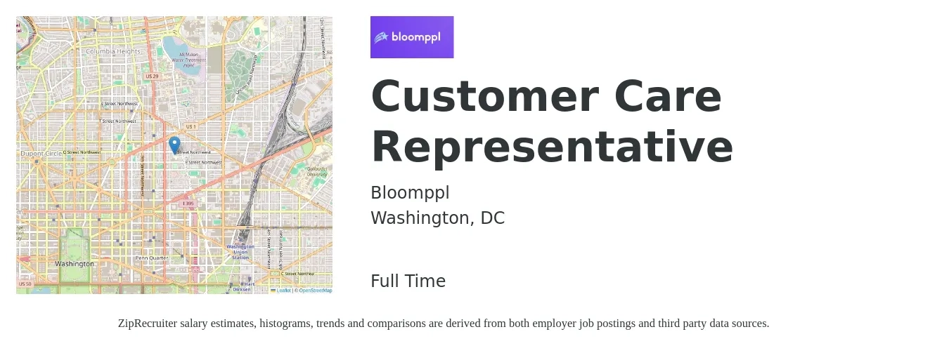 Bloomppl job posting for a Customer Care Representative in Washington, DC with a salary of $19 to $26 Daily with a map of Washington location.