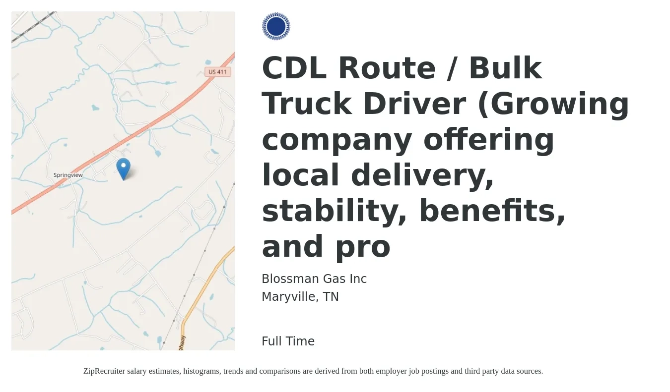 Blossman Gas Inc job posting for a CDL Route / Bulk Truck Driver (Growing company offering local delivery, stability, benefits, and pro in Maryville, TN with a salary of $18 to $23 Hourly with a map of Maryville location.
