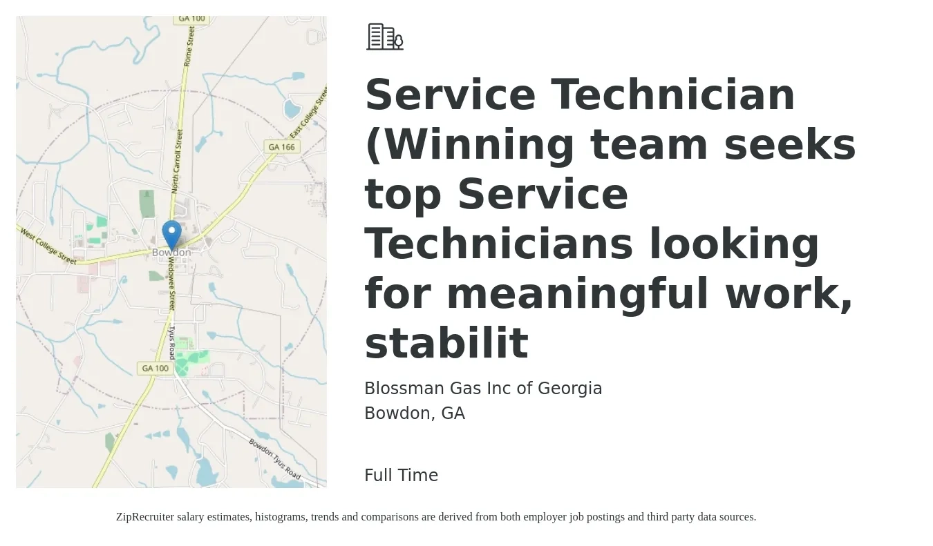 Blossman Gas Inc of Georgia job posting for a Service Technician (Winning team seeks top Service Technicians looking for meaningful work, stabilit in Bowdon, GA with a salary of $17 to $23 Hourly with a map of Bowdon location.