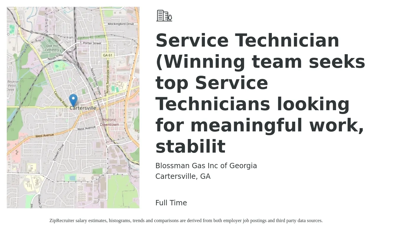 Blossman Gas Inc of Georgia job posting for a Service Technician (Winning team seeks top Service Technicians looking for meaningful work, stabilit in Cartersville, GA with a salary of $18 to $25 Hourly with a map of Cartersville location.