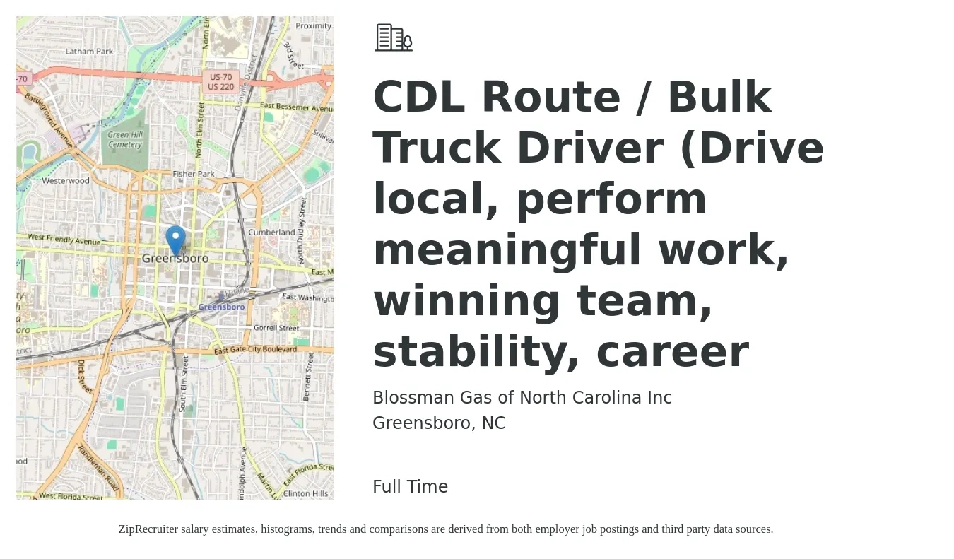 Blossman Gas of North Carolina Inc job posting for a CDL Route / Bulk Truck Driver (Drive local, perform meaningful work, winning team, stability, career in Greensboro, NC with a salary of $21 to $27 Hourly with a map of Greensboro location.