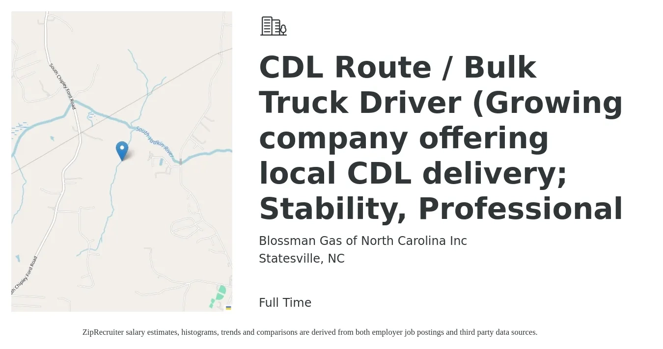 Blossman Gas of North Carolina Inc job posting for a CDL Route / Bulk Truck Driver (Growing company offering local CDL delivery; Stability, Professional in Statesville, NC with a salary of $20 to $25 Hourly with a map of Statesville location.