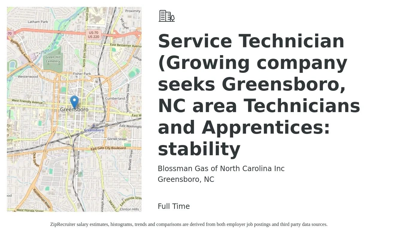 Blossman Gas of North Carolina Inc job posting for a Service Technician (Growing company seeks Greensboro, NC area Technicians and Apprentices: stability in Greensboro, NC with a salary of $20 to $30 Hourly with a map of Greensboro location.