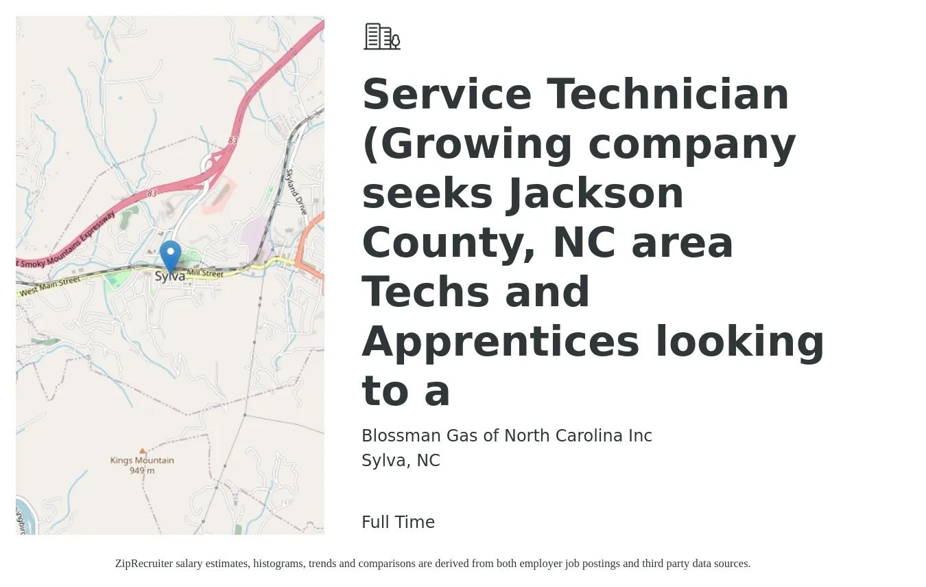Blossman Gas of North Carolina Inc job posting for a Service Technician (Growing company seeks Jackson County, NC area Techs and Apprentices looking to a in Sylva, NC with a salary of $18 to $26 Hourly with a map of Sylva location.