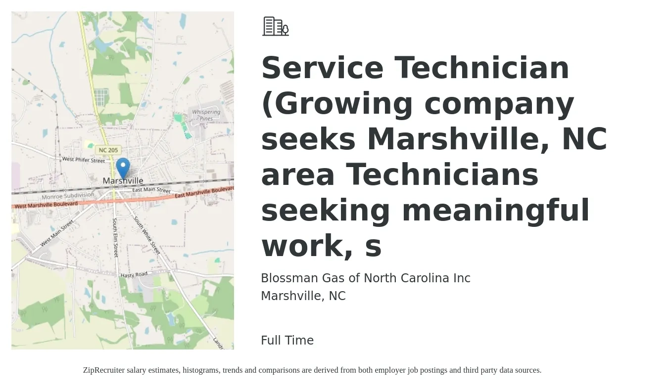 Blossman Gas of North Carolina Inc job posting for a Service Technician (Growing company seeks Marshville, NC area Technicians seeking meaningful work, s in Marshville, NC with a salary of $20 to $30 Hourly with a map of Marshville location.