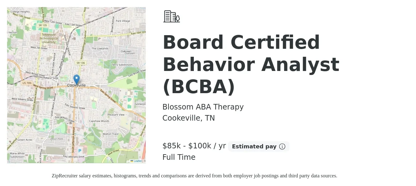 Blossom ABA Therapy job posting for a Board Certified Behavior Analyst (BCBA) in Cookeville, TN with a salary of $85,000 to $100,000 Yearly with a map of Cookeville location.