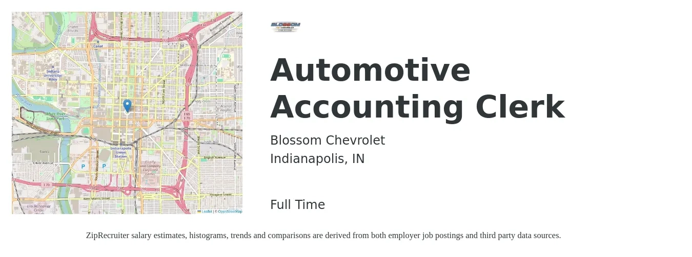 Blossom Chevrolet job posting for a Automotive Accounting Clerk in Indianapolis, IN with a salary of $18 to $23 Hourly with a map of Indianapolis location.