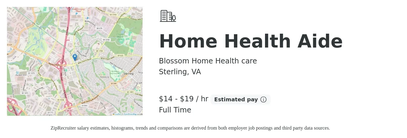 Blossom Home Health care job posting for a Home Health Aide in Sterling, VA with a salary of $15 to $20 Hourly with a map of Sterling location.