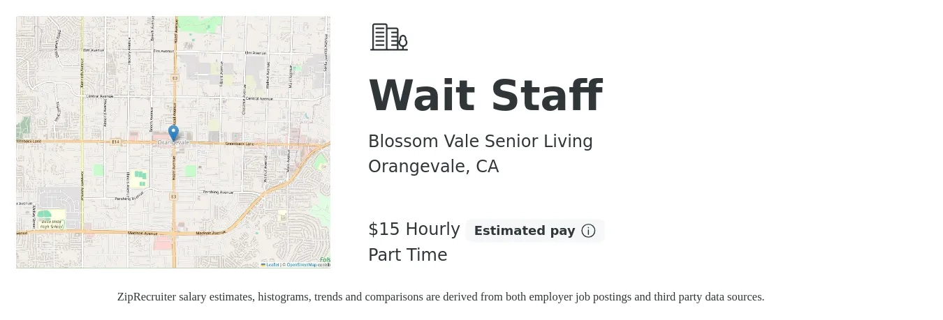 Blossom Vale Senior Living job posting for a Wait Staff in Orangevale, CA with a salary of $16 to $16 Hourly with a map of Orangevale location.