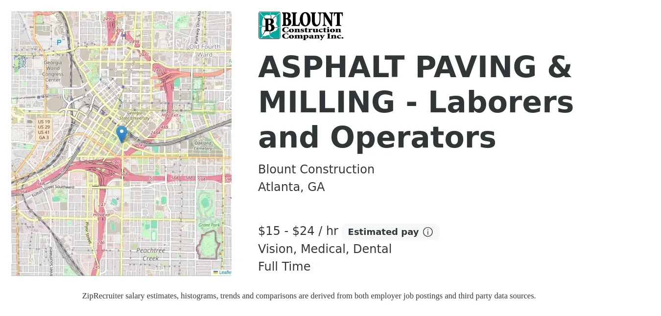 Blount Construction job posting for a ASPHALT PAVING & MILLING - Laborers and Operators in Atlanta, GA with a salary of $16 to $25 Hourly and benefits including vision, dental, and medical with a map of Atlanta location.