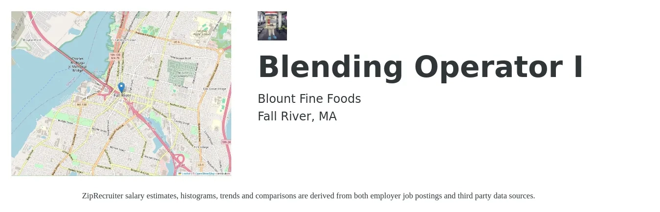 Blount Fine Foods job posting for a Blending Operator I in Fall River, MA with a salary of $18 to $21 Hourly with a map of Fall River location.