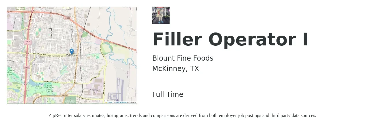 Blount Fine Foods job posting for a Filler Operator I in McKinney, TX with a salary of $16 to $23 Hourly with a map of McKinney location.