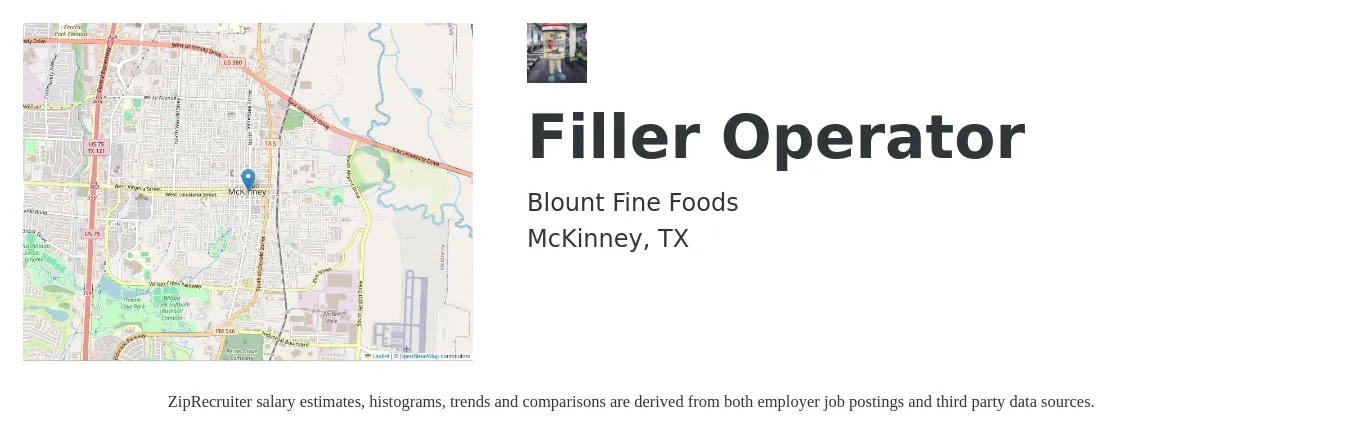 Blount Fine Foods job posting for a Filler Operator in McKinney, TX with a salary of $16 to $23 Hourly with a map of McKinney location.
