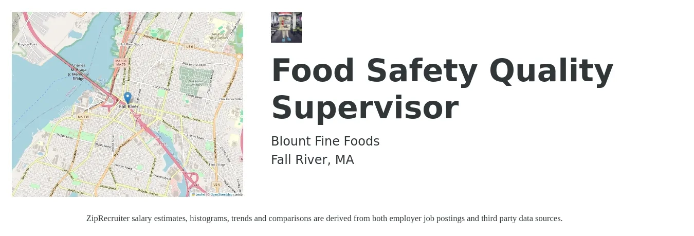 Blount Fine Foods job posting for a Food Safety Quality Supervisor in Fall River, MA with a salary of $45,100 to $139,500 Yearly with a map of Fall River location.