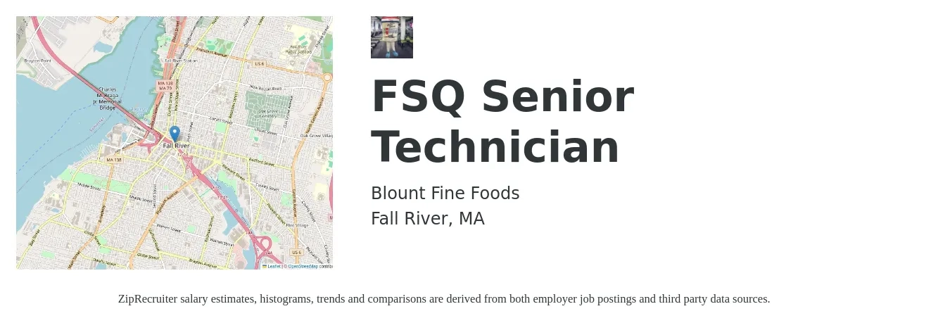 Blount Fine Foods job posting for a FSQ Senior Technician in Fall River, MA with a salary of $22 to $32 Hourly with a map of Fall River location.